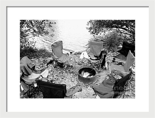 Empty Camp Chairs by the Lake - Framed Print