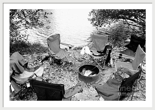 Empty Camp Chairs by the Lake - Framed Print