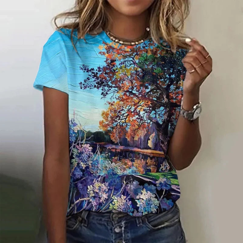 Trees Flowers Pattern T Shirt For Women Ocean Sun 3D Printed Short Sleeves Tees Summer Casual Loose T-Shirts Street O-Neck Tops