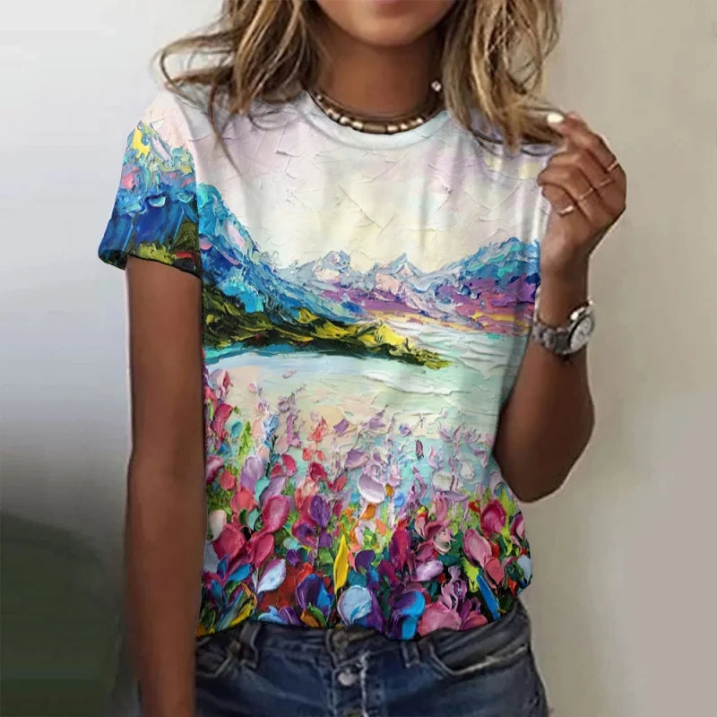 Trees Flowers Pattern T Shirt For Women Ocean Sun 3D Printed Short Sleeves Tees Summer Casual Loose T-Shirts Street O-Neck Tops