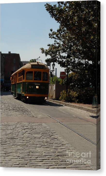 Historic Streetcar on Cobblestone Street Canvas Print Wall Art Ready to Hang