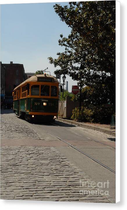 Historic Streetcar on Cobblestone Street Canvas Print Wall Art Ready to Hang