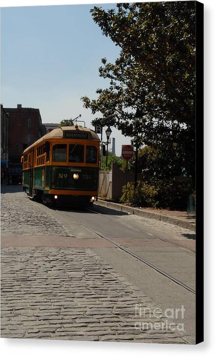 Historic Streetcar on Cobblestone Street Canvas Print Wall Art Ready to Hang