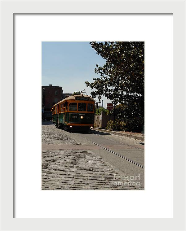 Framed Historic Streetcar Print on Cobblestone Street Wall Art Ready to Hang
