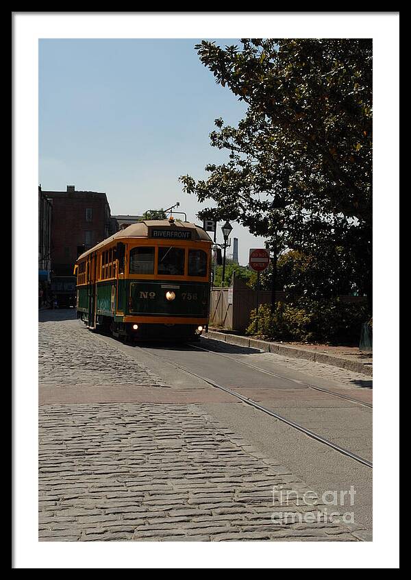Framed Historic Streetcar Print on Cobblestone Street Wall Art Ready to Hang