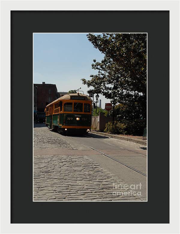 Framed Historic Streetcar Print on Cobblestone Street Wall Art Ready to Hang