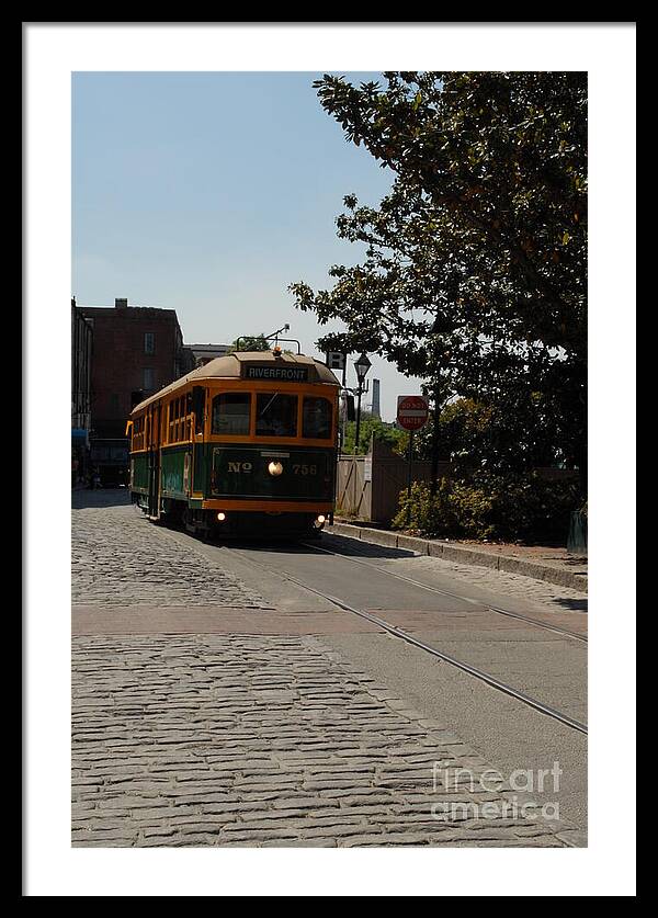 Framed Historic Streetcar Print on Cobblestone Street Wall Art Ready to Hang