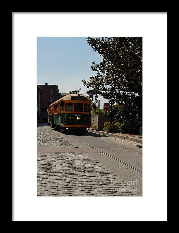 Framed Historic Streetcar Print on Cobblestone Street Wall Art Ready to Hang