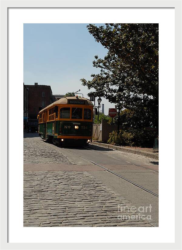 Framed Historic Streetcar Print on Cobblestone Street Wall Art Ready to Hang