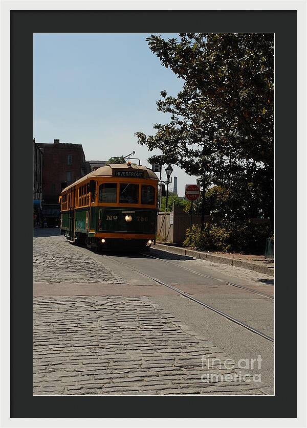 Framed Historic Streetcar Print on Cobblestone Street Wall Art Ready to Hang