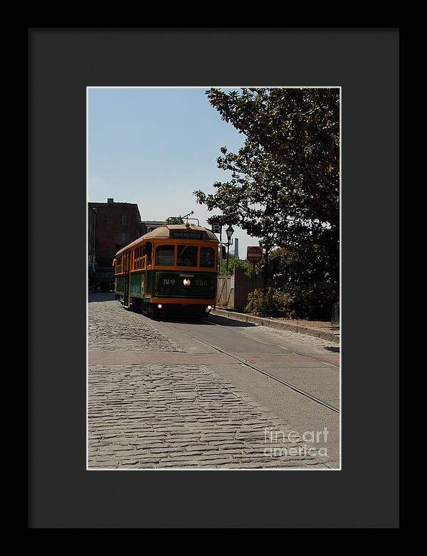 Framed Historic Streetcar Print on Cobblestone Street Wall Art Ready to Hang