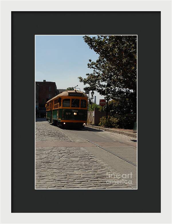 Framed Historic Streetcar Print on Cobblestone Street Wall Art Ready to Hang