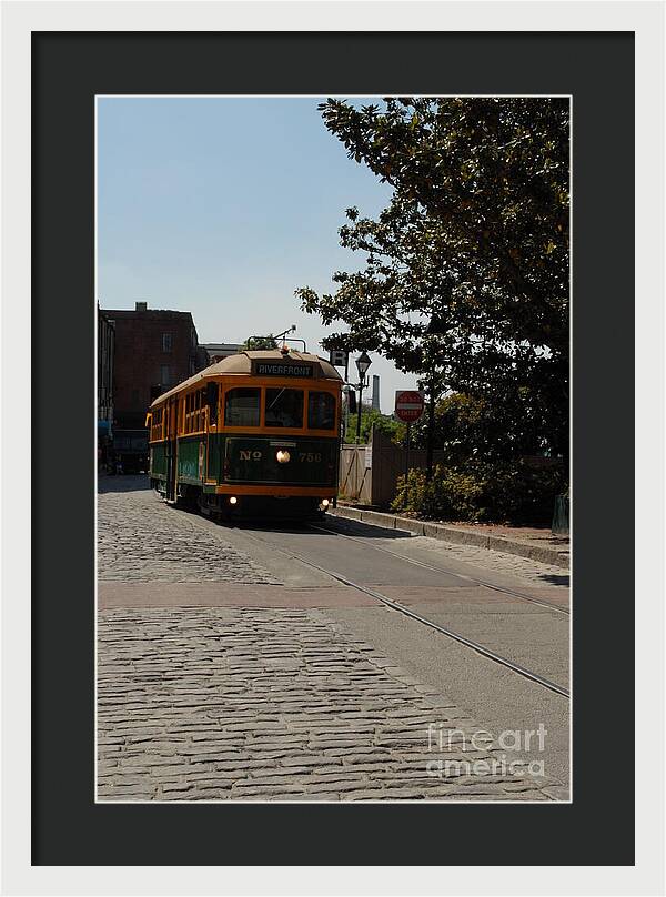 Framed Historic Streetcar Print on Cobblestone Street Wall Art Ready to Hang