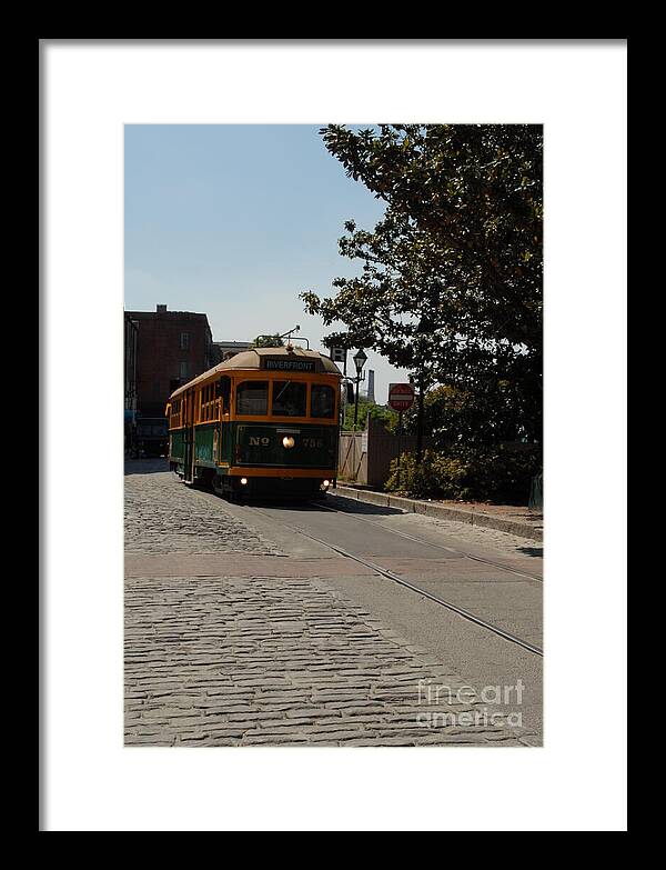Framed Historic Streetcar Print on Cobblestone Street Wall Art Ready to Hang