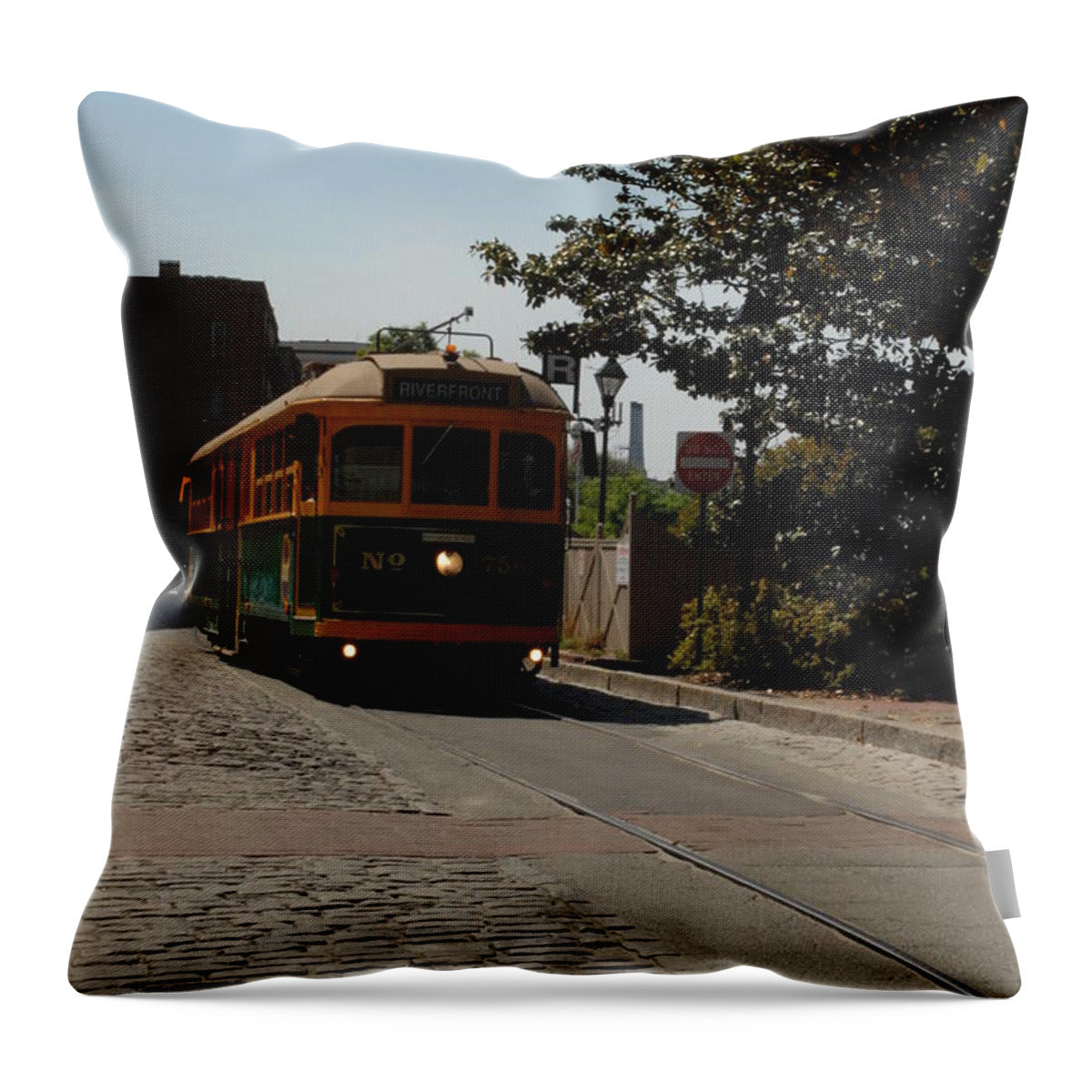 Historic Streetcar on Cobblestone Street - Throw Pillow