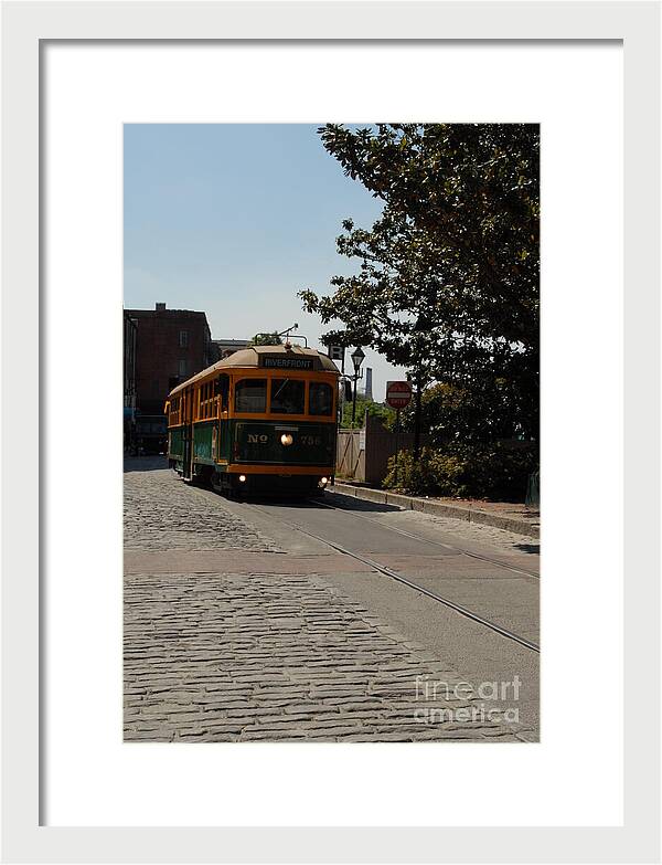 Framed Historic Streetcar Print on Cobblestone Street Wall Art Ready to Hang