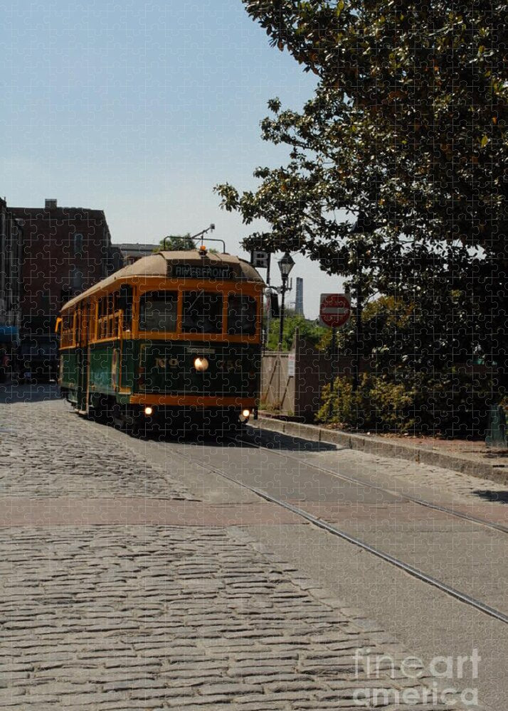 Historic Streetcar on Cobblestone Street Jigsaw Puzzle by Independent Artist
