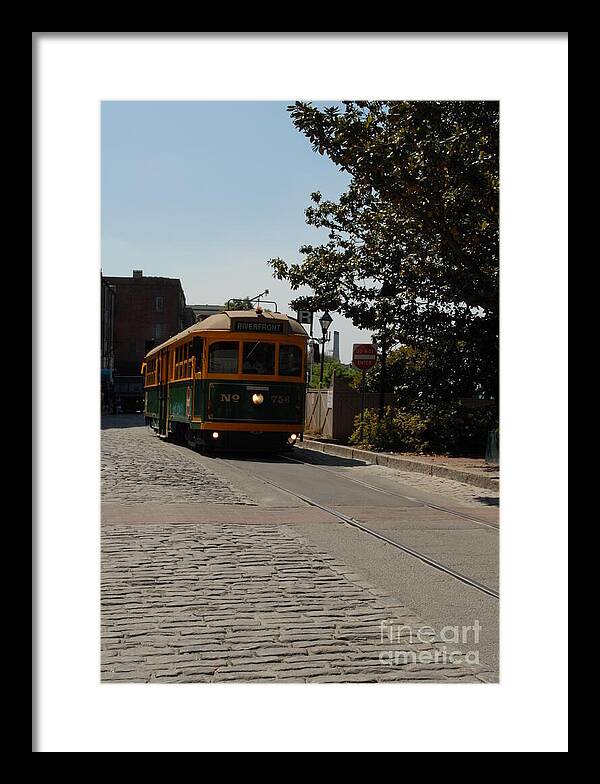 Framed Historic Streetcar Print on Cobblestone Street Wall Art Ready to Hang