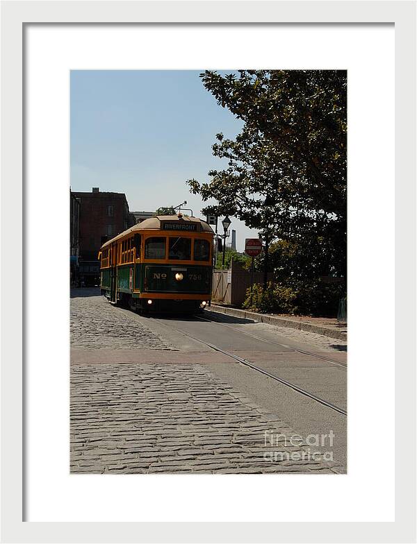Framed Historic Streetcar Print on Cobblestone Street Wall Art Ready to Hang