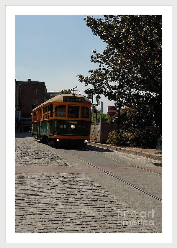 Framed Historic Streetcar Print on Cobblestone Street Wall Art Ready to Hang