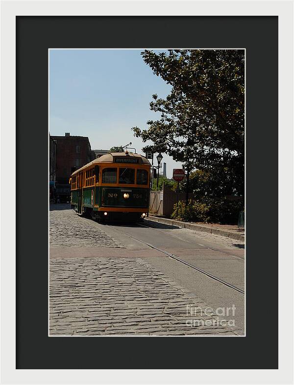 Framed Historic Streetcar Print on Cobblestone Street Wall Art Ready to Hang