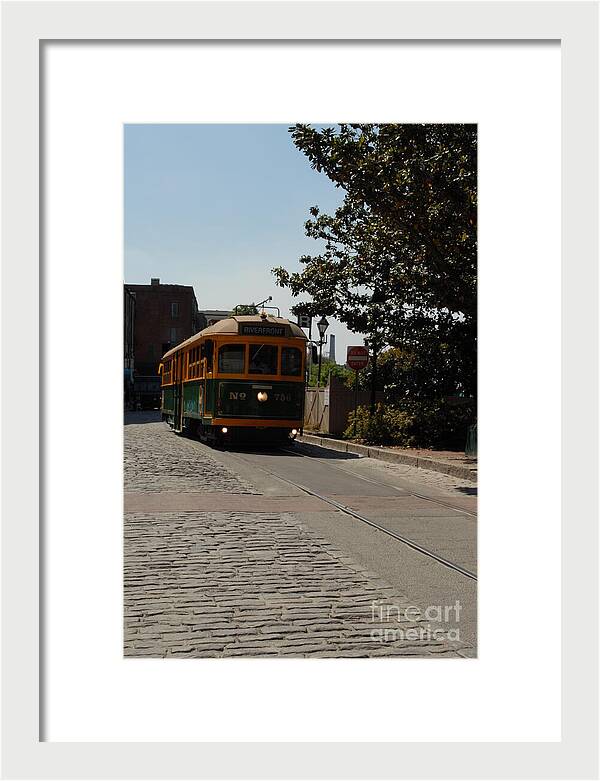 Framed Historic Streetcar Print on Cobblestone Street Wall Art Ready to Hang