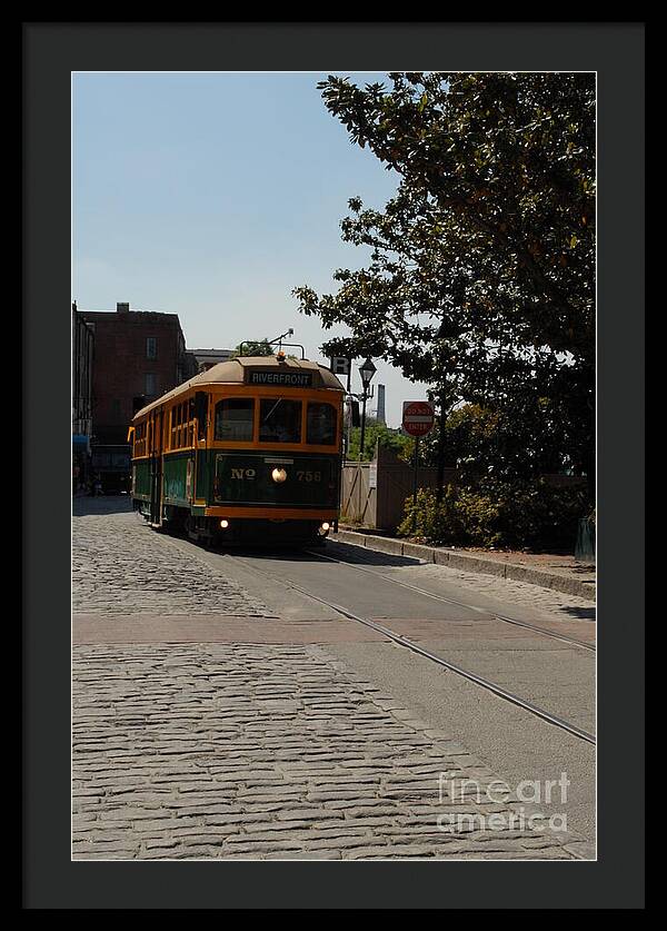 Framed Historic Streetcar Print on Cobblestone Street Wall Art Ready to Hang