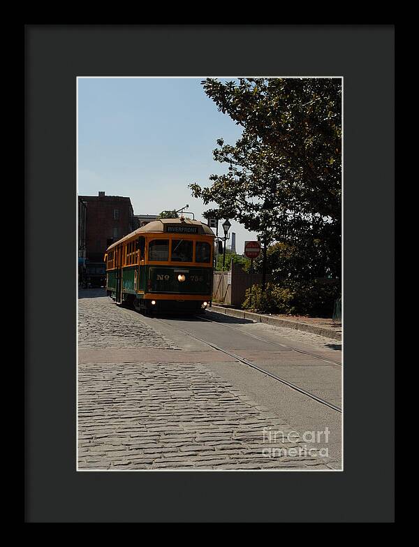 Framed Historic Streetcar Print on Cobblestone Street Wall Art Ready to Hang
