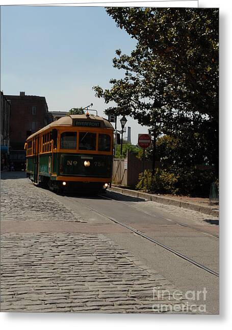 Historic Streetcar on Cobblestone Street - Greeting Card