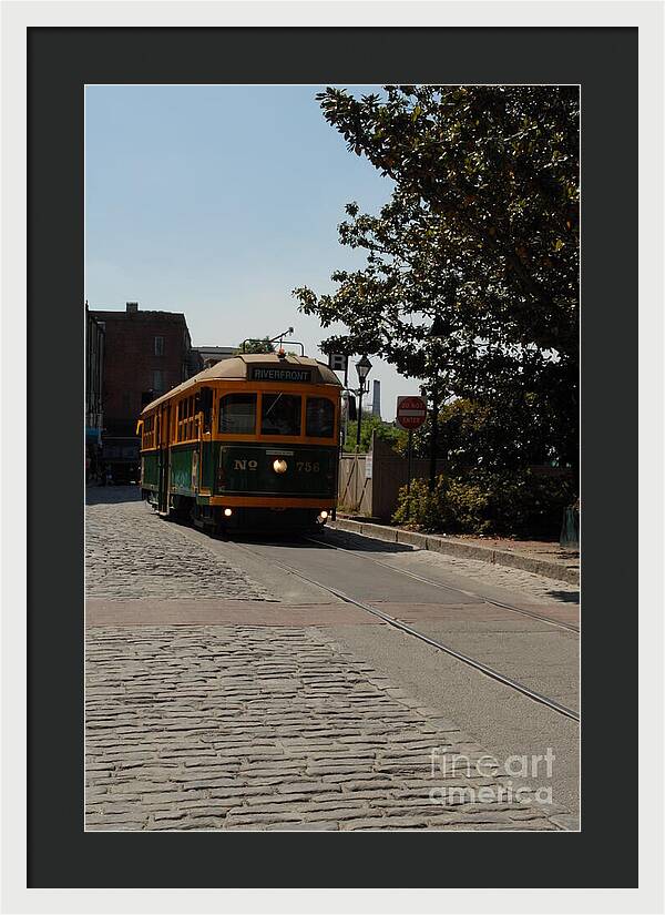 Framed Historic Streetcar Print on Cobblestone Street Wall Art Ready to Hang