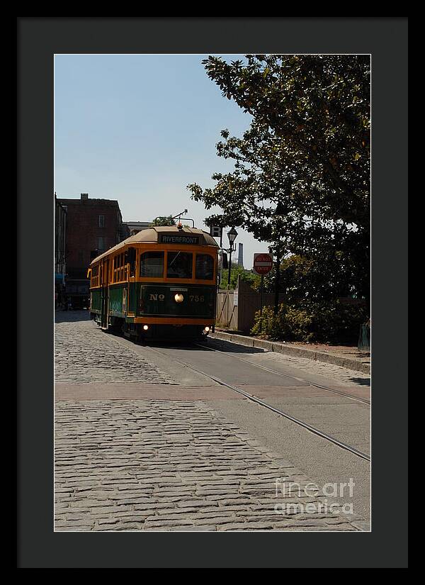 Framed Historic Streetcar Print on Cobblestone Street Wall Art Ready to Hang