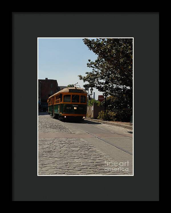 Framed Historic Streetcar Print on Cobblestone Street Wall Art Ready to Hang