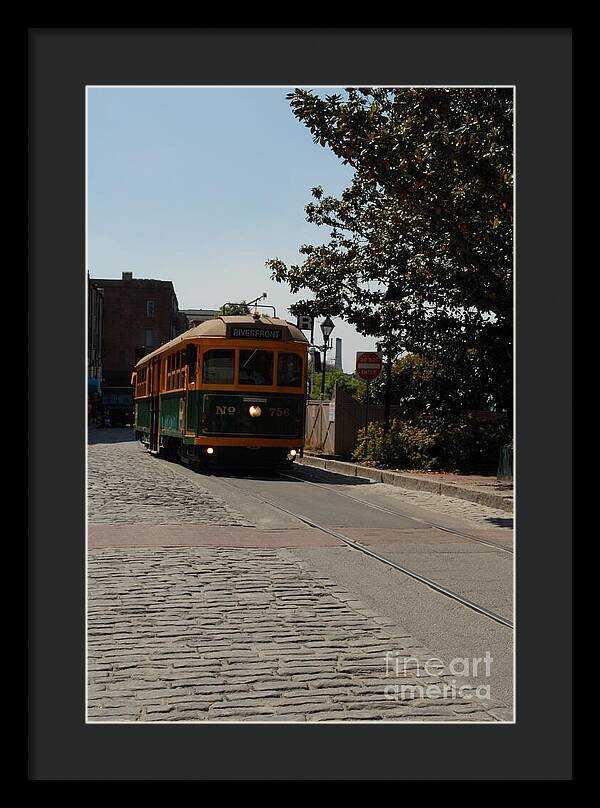 Framed Historic Streetcar Print on Cobblestone Street Wall Art Ready to Hang