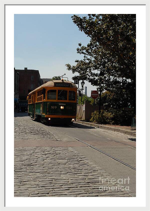 Framed Historic Streetcar Print on Cobblestone Street Wall Art Ready to Hang