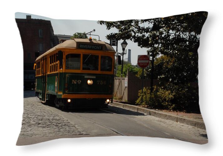 Historic Streetcar on Cobblestone Street - Throw Pillow