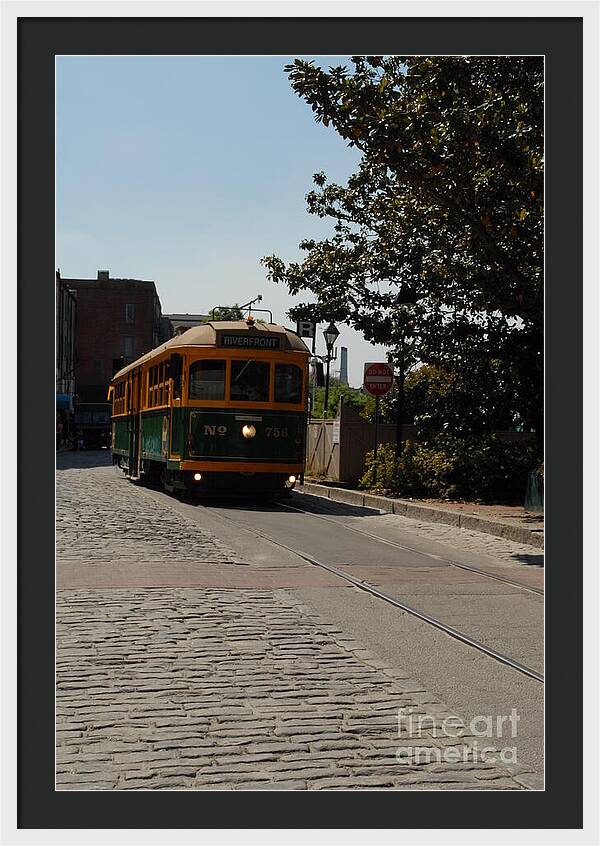 Framed Historic Streetcar Print on Cobblestone Street Wall Art Ready to Hang