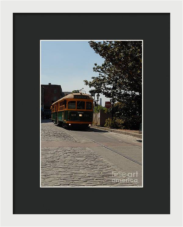 Framed Historic Streetcar Print on Cobblestone Street Wall Art Ready to Hang