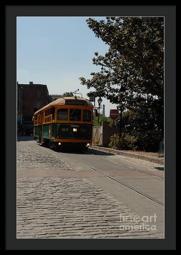 Framed Historic Streetcar Print on Cobblestone Street Wall Art Ready to Hang