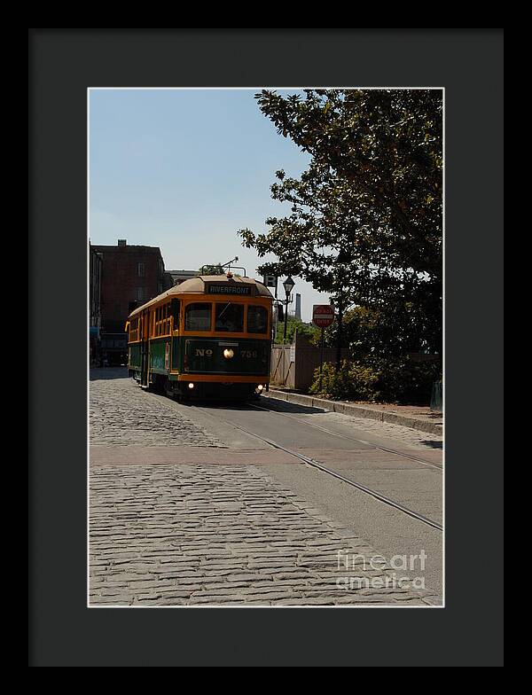 Framed Historic Streetcar Print on Cobblestone Street Wall Art Ready to Hang