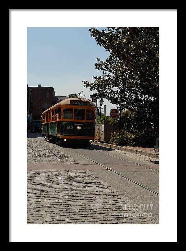 Framed Historic Streetcar Print on Cobblestone Street Wall Art Ready to Hang