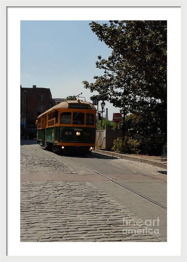 Framed Historic Streetcar Print on Cobblestone Street Wall Art Ready to Hang