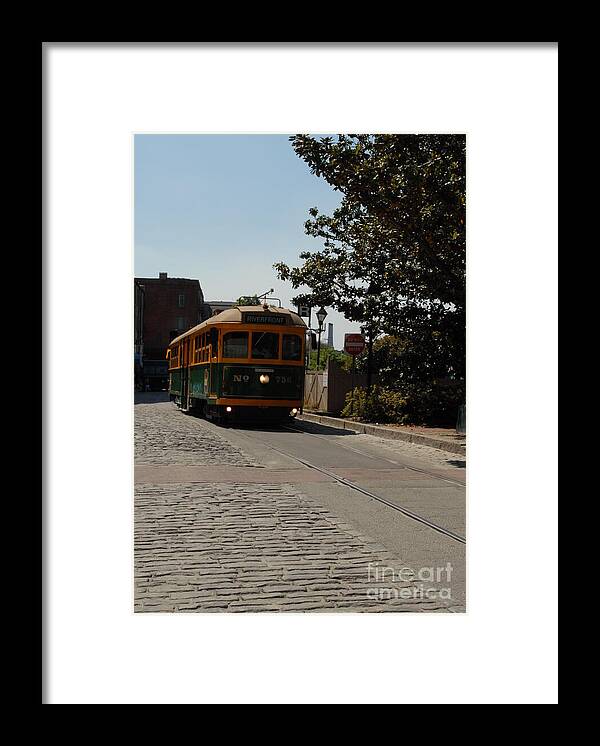 Framed Historic Streetcar Print on Cobblestone Street Wall Art Ready to Hang