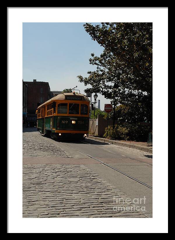 Framed Historic Streetcar Print on Cobblestone Street Wall Art Ready to Hang