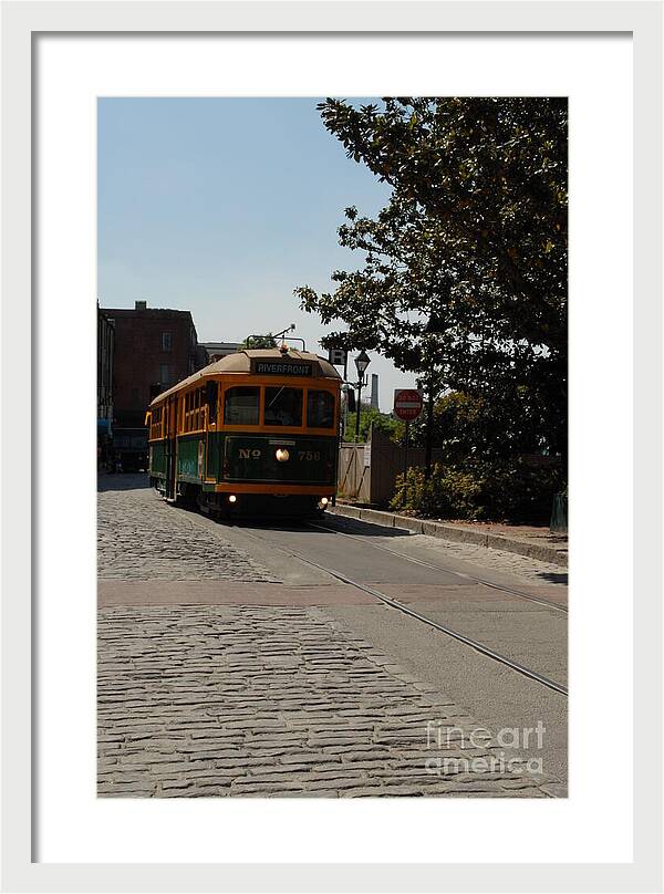 Framed Historic Streetcar Print on Cobblestone Street Wall Art Ready to Hang