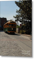 Historic Streetcar on Cobblestone Street Metal Print Wall Art by Melia LLC