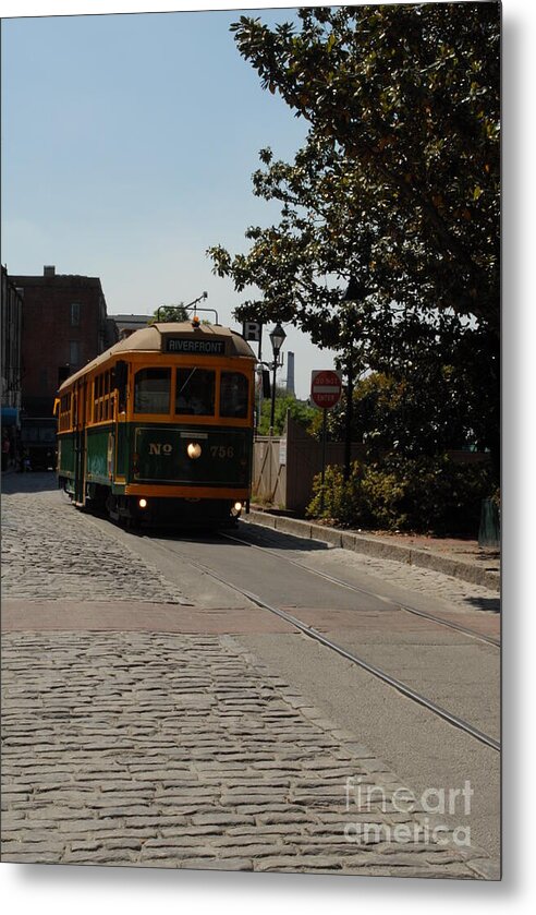 Historic Streetcar on Cobblestone Street Metal Print Wall Art by Melia LLC