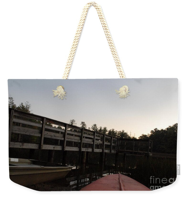 Kayak by Wooden Dock at Dusk - Weekender Tote Bag