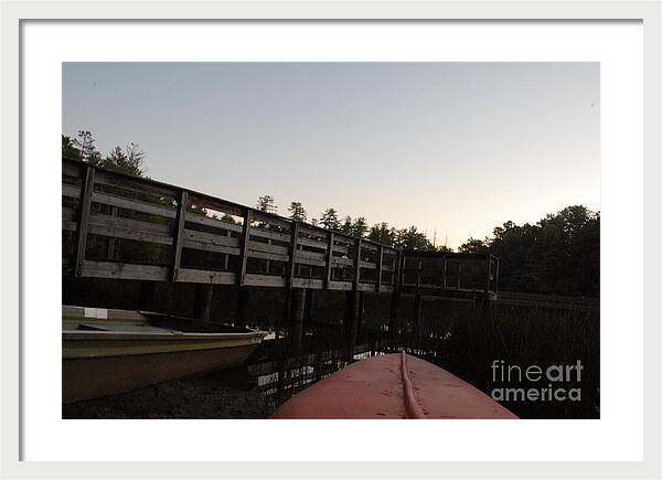 Kayak by Wooden Dock at Dusk - Framed Print