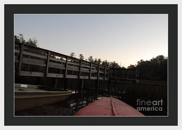 Kayak by Wooden Dock at Dusk - Framed Print