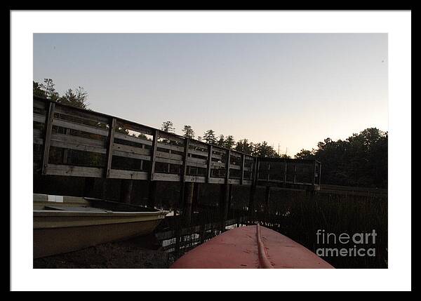 Kayak by Wooden Dock at Dusk - Framed Print